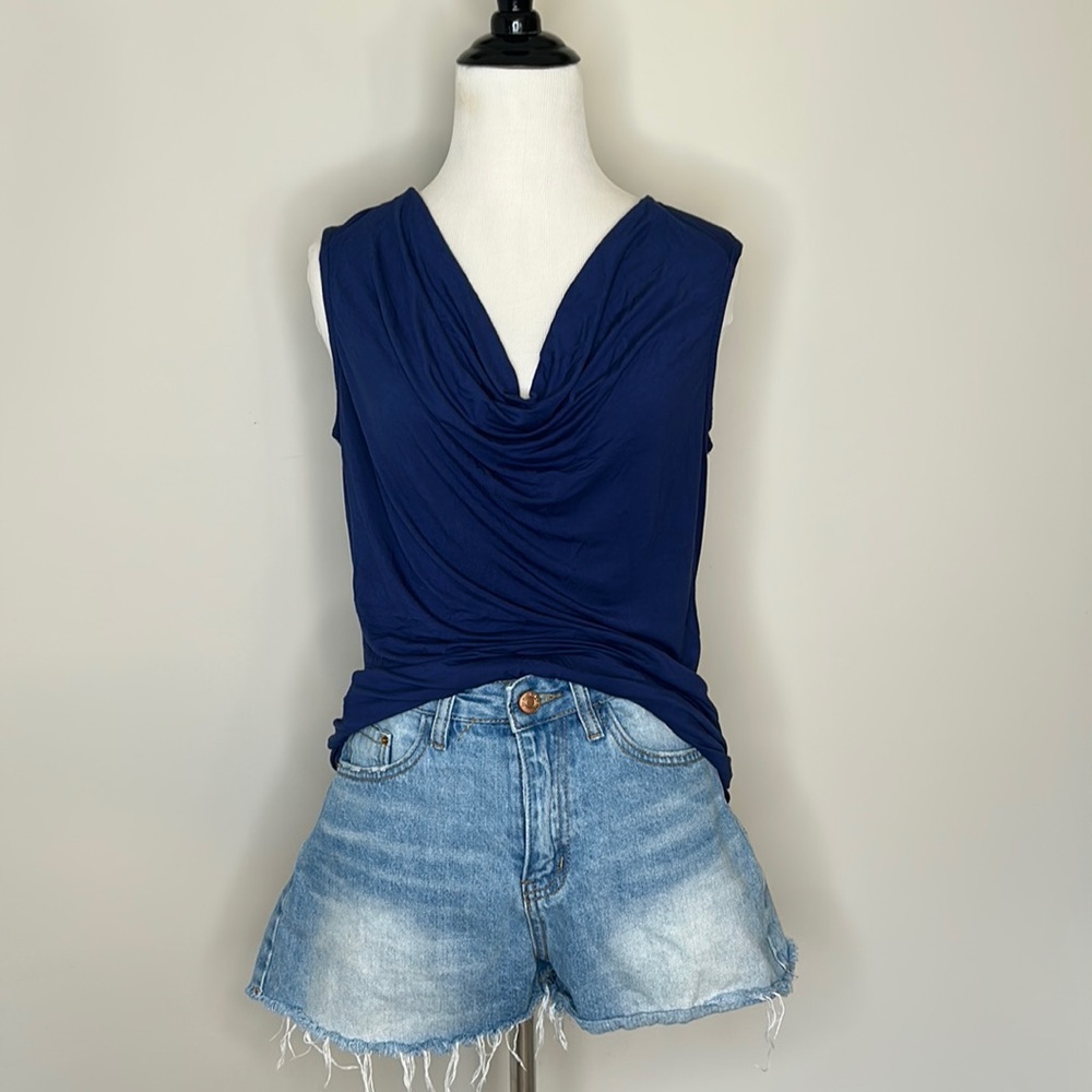 Navy Draped Sleeveless Cowl Neck Top